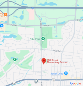 Map of the Mill Street Elementary School location, south of Bauer Road on N Mill St in Naperville
